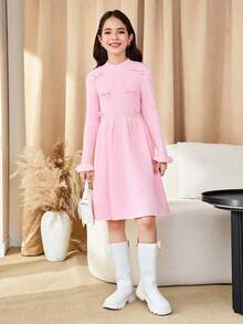 SHEIN Tween Girl Elegant Solid Color Bow Decor Knit Dress - Pink - View 4