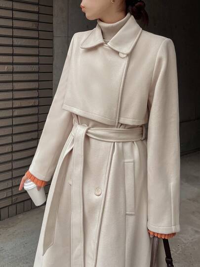 FRIFUL 1 件女式长款双排扣纯色系带风衣，秋季女式夹克，秋季女装