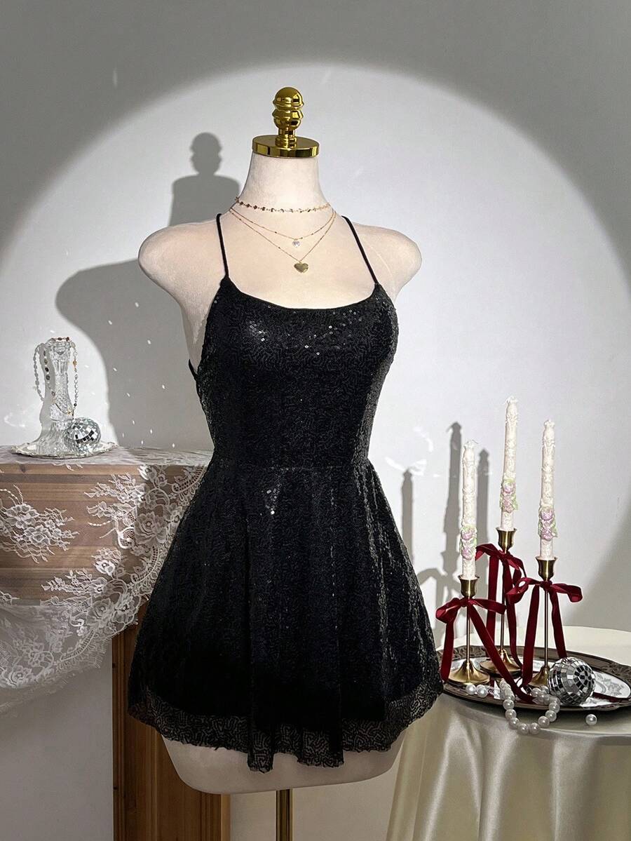 Elamini Women's Solid Color Sequin Backless Criss-Cross Strap Dress