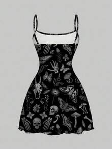 ROMWE Goth Vestido mini con estampado total de alas de esqueleto, murciélago y plantas de estilo gótico oscuro de Halloween para mujeres - Negro - Ver 2