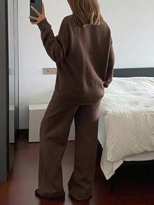 DAZY 女式宽松V领毛衣和裤子两件套，秋冬 - 棕色 - 查看 2