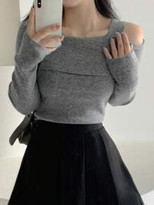 DAZY Off-Shoulder Elastic Fitted Layering Top, Soft Long Sleeve Sweater For Women