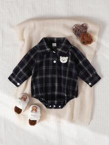 Playful Pals 男婴梭织贴布衬衫领前按扣胸前贴布松紧腰裤休闲长袖连体衣，秋季 - 藍色 - 查看 6