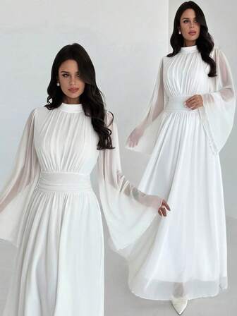 Firerie 女性用エレガントでロマンチックな日常通勤ビーチバケーション スタンドカラー プリーツ ハイウエスト Aライン フレアスリーブ ホワイト ロングドレス