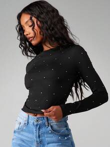 MISSGUIDED 烫印缀饰长袖圆领T恤，带闪亮圆点图案 - 黑色 - 查看 3