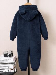 SHEIN Kids Young Boy Cute Bear Embroidered Cartoon Hooded Long Sleeve Jumpsuit, Casual Romper Suitable For School, Garden, Beach, Birthday, Spring, Summer, Autumn, Winter