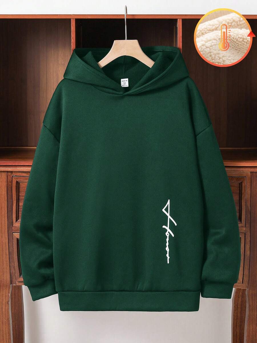 SHEIN 青少年男童休闲简约舒适百搭保暖超值针织连帽卫衣,简约手写文字印花,返校季;秋冬季 - 墨綠色 - 查看 1