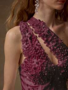 MOTF PREMIUM FAUX PEARL BEADED ASYMMETRICAL NECK TOP - Burgundy - View 4