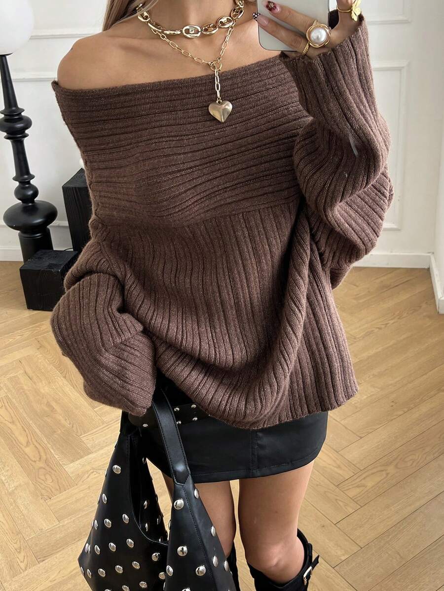 女式休闲纯色露肩毛衣，秋季 - 咖啡棕 - 查看 1