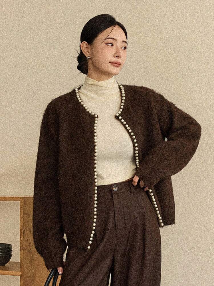 Women's Loose Business Casual Solid Color Minimalist Fashion Pearl Decor Knit Cardigan, Autumn/Winter
