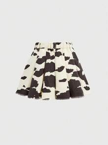Girlism Tween Girls Y2k Vintage Cute Cow Print Casual Pleated Denim Skirts Fall Winter,For Girls Fall/Winter Dailywear Costume,Girls Streetwear Outfits,Halloween Outfits,Christmas Outfits,Winter Clothes,Teen Skirts