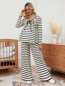 SHEIN Bộ 2 món áo và quần sọc thường ngày cho bà bầu, mùa thu - Đen và trắng - Xem 1