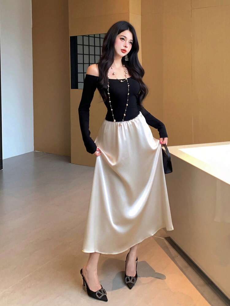Women's Color Block Off-Shoulder Elegant Long Sleeve Dress Prom Dress Maxi Dress