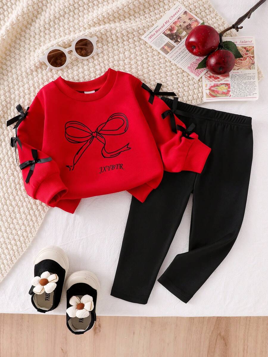2pcs Baby Girls Casual Bow Print Long Sleeve Sweatshirt And Knit Leggings Set, Cute And Fashionable For Autumn Red And Black Outfit Toddler Girl Toddler Girl Sets Winter Kids Winter Clothes Baby Girls Sets Baby Girl Full Sleeve With Pant