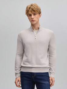OFFICEAU Men's Casual Solid Color Stand Collar Zip-Up Sweater, Versatile & Minimalist - Light Grey - View 5