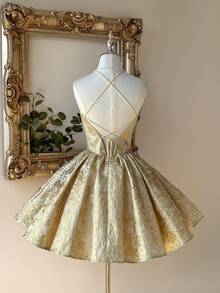 Lovelzi Elegant, Romantic, Sexy, Gold Jacquard, Backless, Tie, Waist, Birthday Party, Ball Dress, Wedding Guest Dress, Prom Dress - Gold - View 4