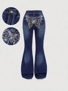 SHEIN Tween Girl Navy Blue Butterfly Rhinestone Flared Jeans,Y2k Back-To-School Casual School Summer Denim Stretch Tight Pants For Vintage Streetwear Rave - Blue - View 4