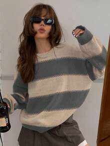 DAZY Striped Loose Fit Long Sleeve Crew Neck Sweater For Women