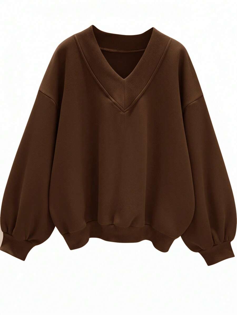 SHEIN EZwear 女式超大V领宽松休闲运动衫，适合秋冬季 - 棕色 - 查看 1