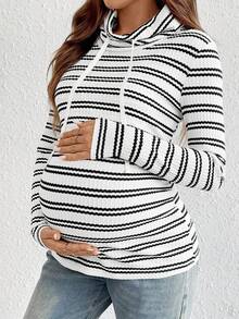 Fall,Maternity Autumn/Winter Striped Long Sleeve Drawstring Nursing T-Shirt - White - View 4