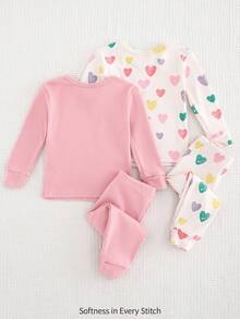 Cozy Pixies 4 件套女婴舒适睡衣套装，彩色心形印花柔软针织圆领长袖上衣和紧身裤，适合春、夏、秋、冬、情人节礼物 - 彩色 - 查看 2