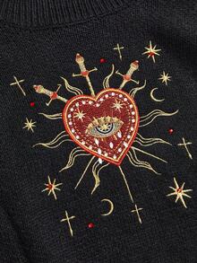 ROMWE Plus Size Women Gothic Romantic Heart Embroidery Rhinestone Crystal Teardrop Star Decor Turtleneck Sweater - Black - View 6