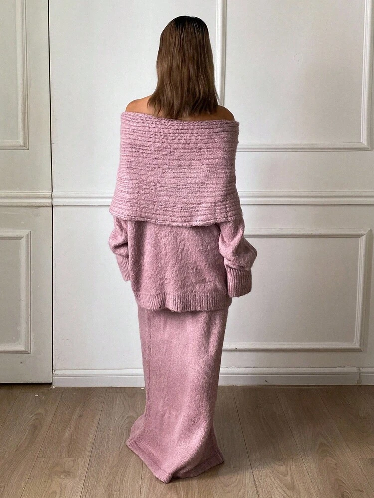 Women's Autumn/Winter Off Shoulder Solid Color Knit Top And Straight Skirt Suit Set, Loose Business Casual Office Wear, Elegant Sweater Two Pieces