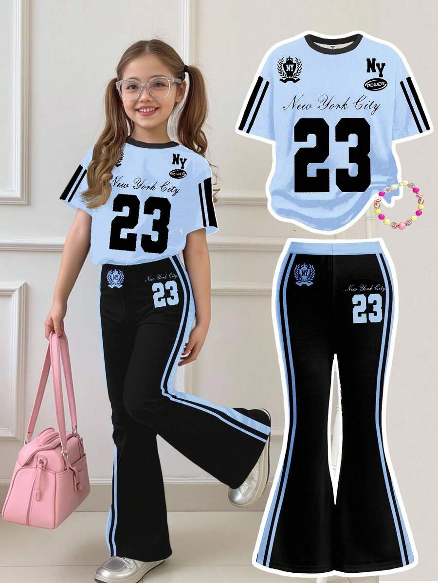 SHEIN Happikins Young Girl 2 Pieces Set:Blue New York Number 23 Striped Jersey Graphic T-Shirt & Flare Pants Summer Outfits,Back-To-School Sport Casual Wear - Multicolor - View 1