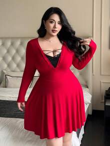 Flirla Vestido Vermelho Curvy Plus Size Feminino de Tricô de Natal com Contraste de Decote em V, Amarração, Renda Sexy, Cintura Marcada e Saia em A, Vestido Vermelho Plus Size, Vestido Curvy Plus Size - Vermelho - Visão 4