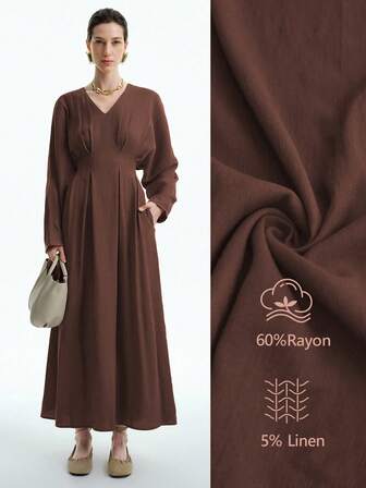 Aalyst Abito elegante e vintage da donna con vita arricciata e maniche lunghe, sofisticato per ufficio/casual/festa, adatto per autunno/inverno