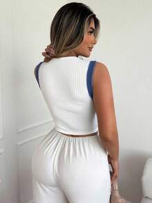 Xyvia Maiou elegant și sexy pentru femei, alb/albastru, cu imprimeu floral, elegant, de toamnă/iarnă, pentru Halloween, Crăciun, Ziua Recunoștinței, Anul Nou, luxos, pentru petrecere, cu mâneci lungi, cu nervuri, din denim, la modă, casual, fără mâneci, scurt, crop, alb - alb - Vizualizare 2