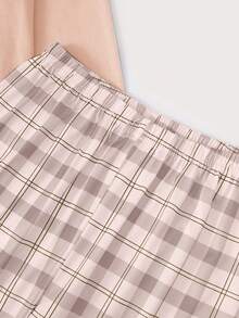 Set de 2 piezas de pantalones a cuadros y blusa de manga larga con estampado de letras en inglés, conjunto informal de ropa de casa para niñas preadolescentes - Rosa vieja - Ver 7