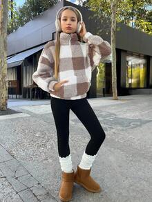 SHEIN 青少年女孩毛绒格子印花半拉链插肩泰迪熊运动衫、长袖上衣、羊毛套头衫，适合秋冬季 - 卡其色 - 查看 3