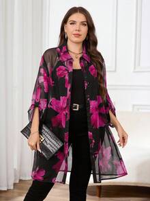 Reflora بلوزة شفافة مطبوعة بنقشة زهور أنيقة مقاس كبير