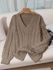 Franclia 全新宽松柔软甜美粉色休闲设计 V 领粗针织套头衫，适合女士，百搭 - 棕色 - 查看 3