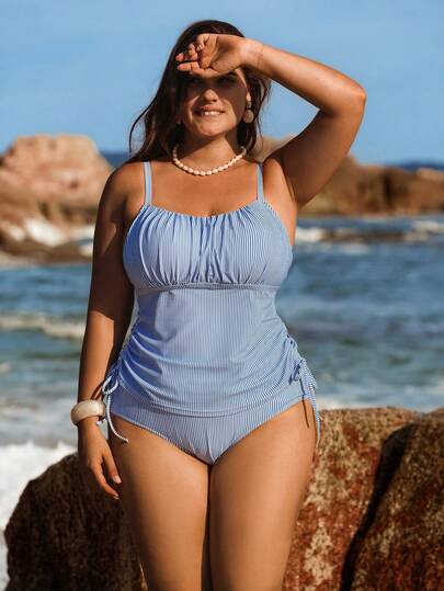 Swim Lushoire Plus Size 2pcs Mature Blue & White Printed Fabric Tankini Top With Drawstring Waist And High-Waisted Bottoms Bikini Set, Suitable For Beach Vacation Style