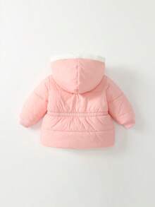 SHEIN Playful Pals 女婴休闲束腰蝴蝶结口袋泰迪熊内衬轻薄长袖拉链连帽绗缝外套，冬季连帽外套，秋季粉色女婴外套，女婴连帽外套，女婴蝴蝶结外套 - 淺粉色 - 查看 2
