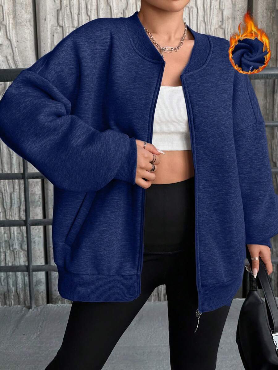 SHEIN Cottnline Women'S Fleece Baseball Collar Zip-Up Sweatshirt - Navy Blue - View 1