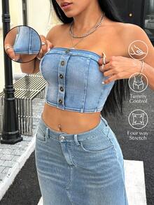 SHEIN Unity Atasan Bustier Denim Wanita Model Crop Fit dengan Desain Kancing Y2K yang Modis - Biru - View 1