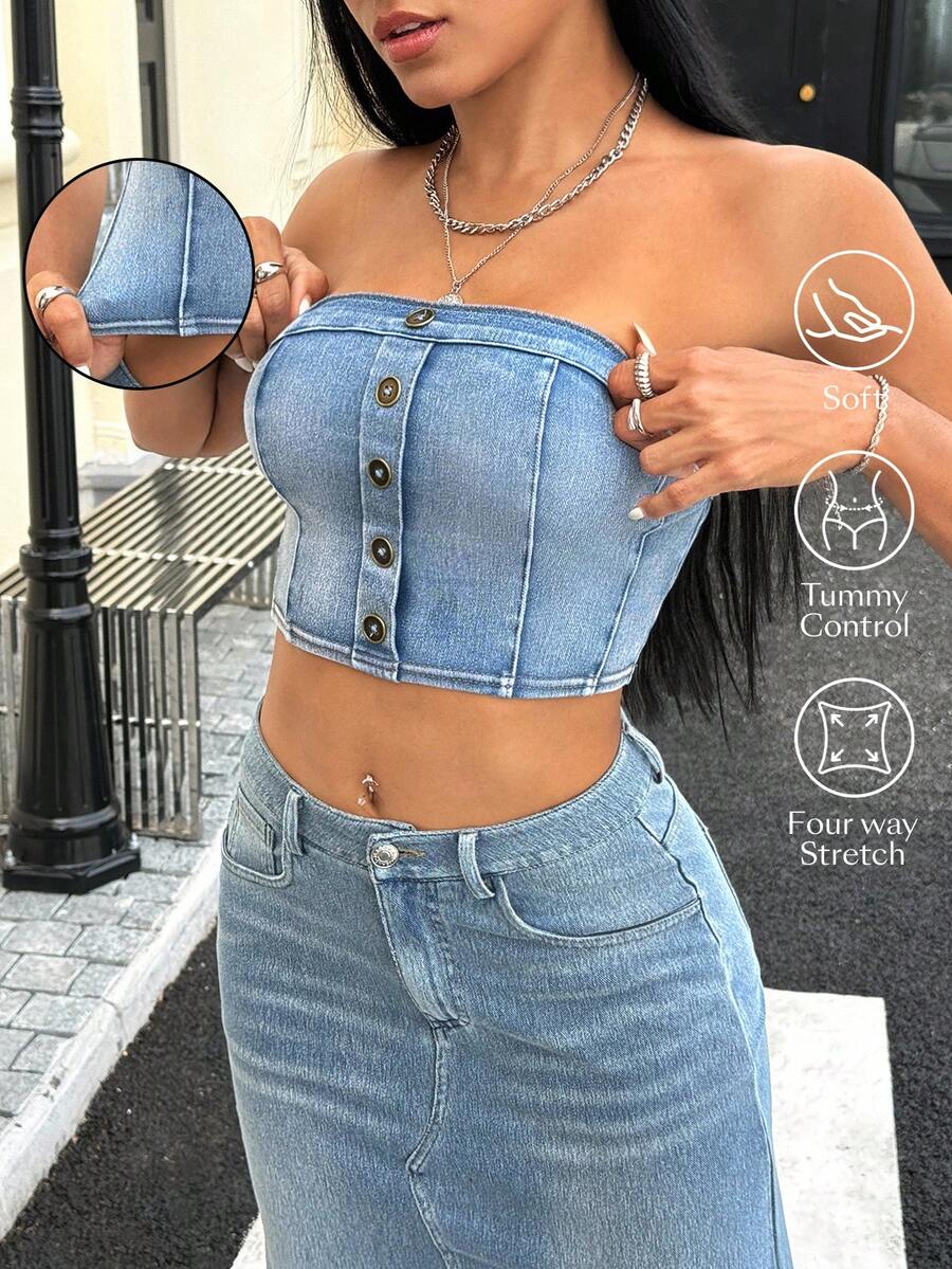 SHEIN Unity Atasan Bustier Denim Wanita Model Crop Fit dengan Desain Kancing Y2K yang Modis - Biru - View 1