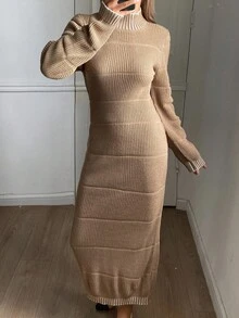 DAZY Robe pull col roulé rayée blocs de couleurs pour femmes, automne - Kaki - Voir 1