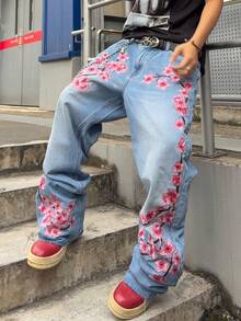 ROMWE MEN Grunge Punk 男士花卉刺绣口袋阔腿宽松休闲牛仔裤 - 藍色 - 查看 7