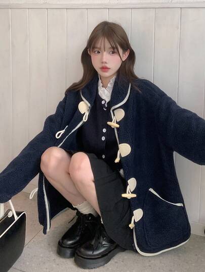 DAZY Women's Casual Wool Blend Jacket With Contrast Color Blocking, Loose Fit Business/Office Wear, Outdoor Street Style, Autumn/Winter