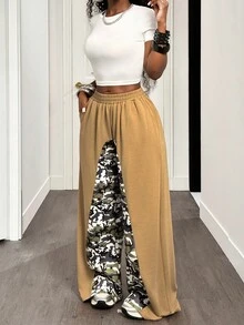 SHEIN BamGlam Women's Camouflage & Star Print Contrast Color Elastic Waist Loose Casual Sweatpants - Khaki - View 3