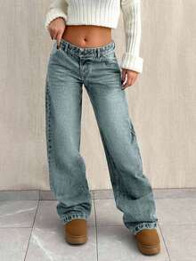 EURMUSE Quần jean ống đứng lưng thấp rộng rãi - Màu xanh nhạt - Xem 7