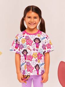 DORA | SHEIN Áo thun dệt kim tay ngắn cổ tròn vai trễ dễ thương in hình Dora và hoa cho bé gái - trắng - Xem 1