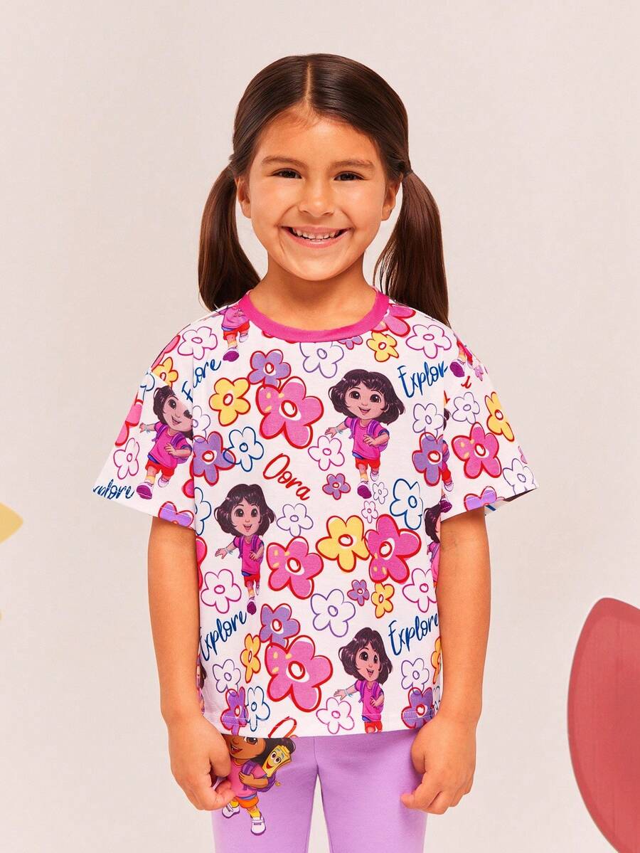 DORA | SHEIN Áo thun dệt kim tay ngắn cổ tròn vai trễ dễ thương in hình Dora và hoa cho bé gái - trắng - Xem 1