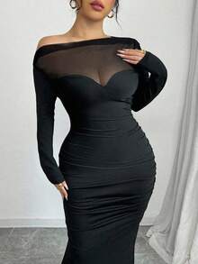 Arcane Artistry Black Asymmetrical Ruched & Mesh Panel Side Slit Dress For Plus Size Women Fall Cloth For Women - Black - View 6