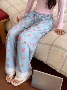 DAZY Pantalones de pijama holgados con estampado de oso en patchwork para mujer