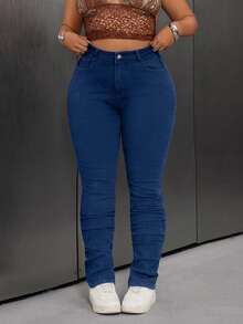 EURMUSE Plus Size Casual Commuter Washed Slim Fit Jeans - Royal Blue - View 1